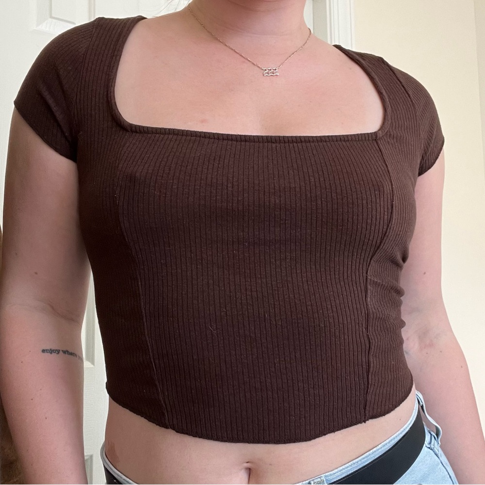 Urban Outfitters Cropped Brown Short Sleeve Shirt